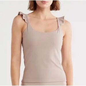 YOGALICIOUS LUX Bra Tank Top Womens XL Ruffle Sleeve Athletic Athleisure Tan NEW